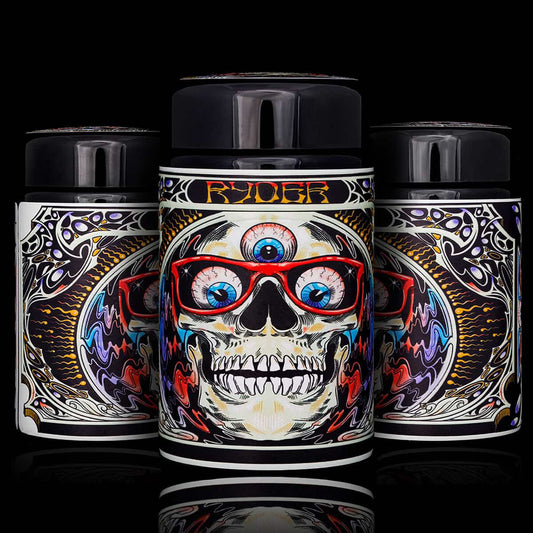 Custom top sticker and jar wrap label set on a Miron 150ml violet glass jar