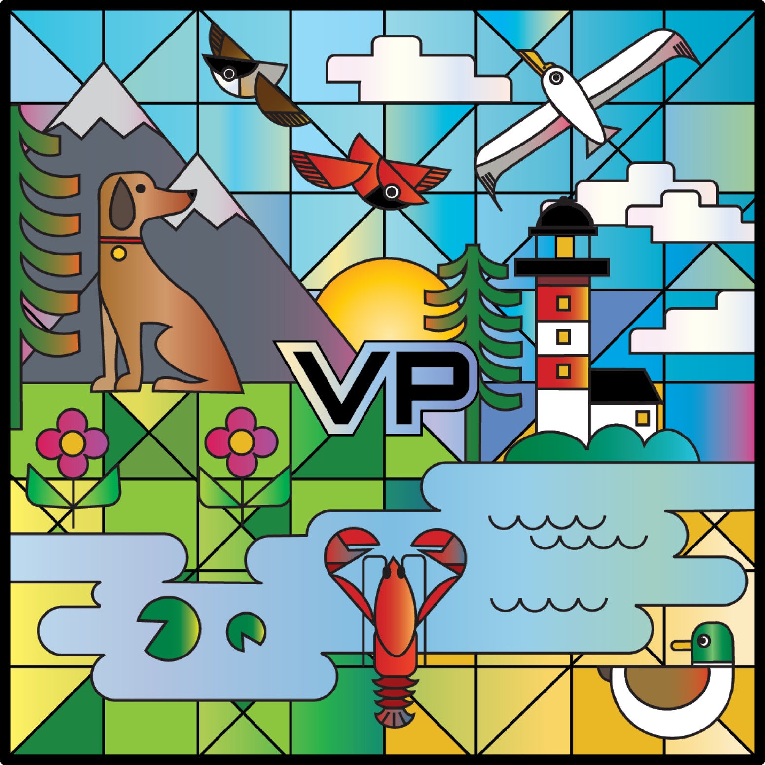 Complete Maine-inspired VINYLPAC design with a dog, lighthouse, birds, mountains and lobster