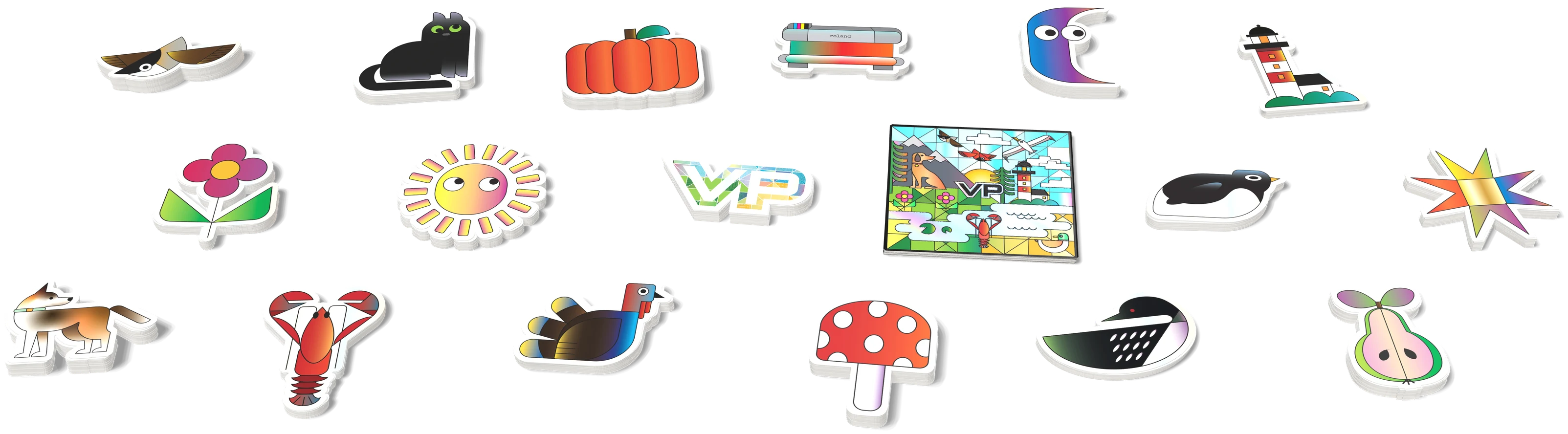 Stacks of die-cut stickers drawn in house: a black cat, pumpkin, lighthouse, holographic New England sticker, turkey, mushroom, lobster and more