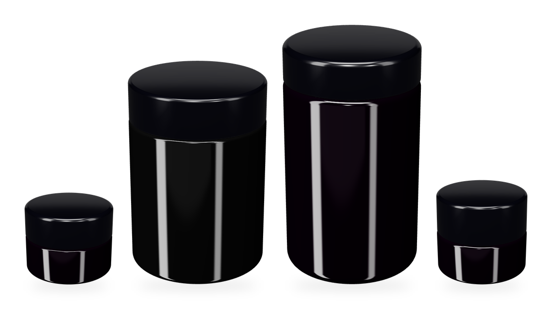 Full empty 3D jar family: Miron Ceres 5 ml, 4 oz black glass, Miron Saturn 150 ml, and Miron Eris 5 ml