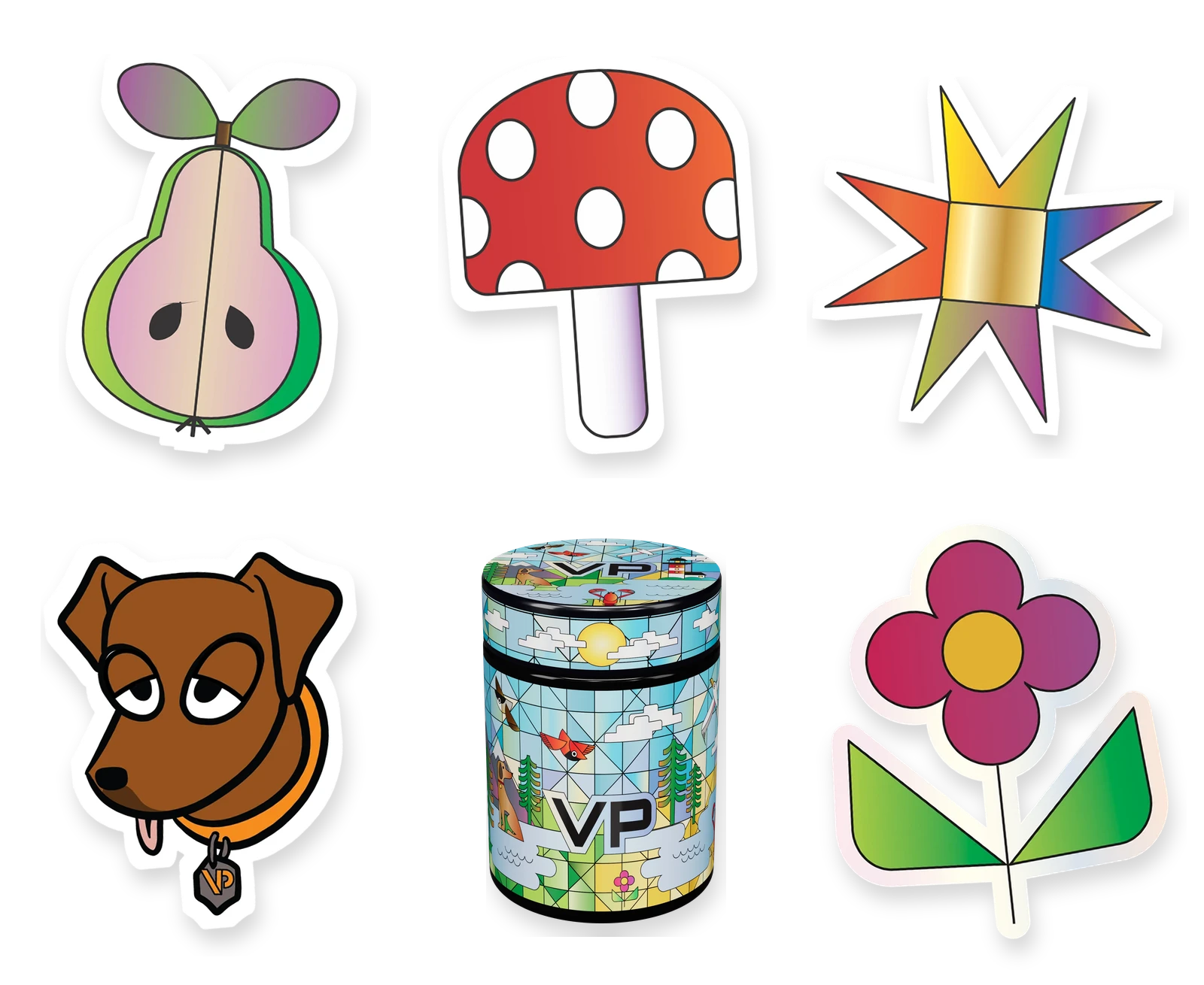 Die-cut stickers and a labeled jar: a pear, mushroom, rainbow star, dog and flower